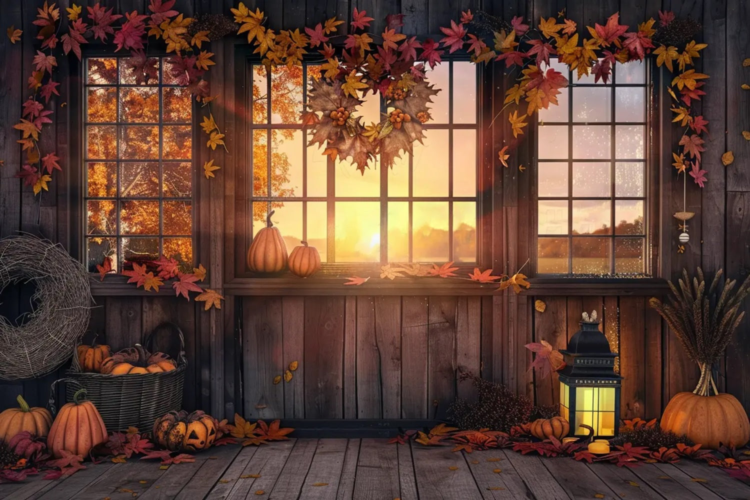Toile de fond de ferme au coucher du soleil Maison Feuilles de citrouilles d'automne BRP7-166