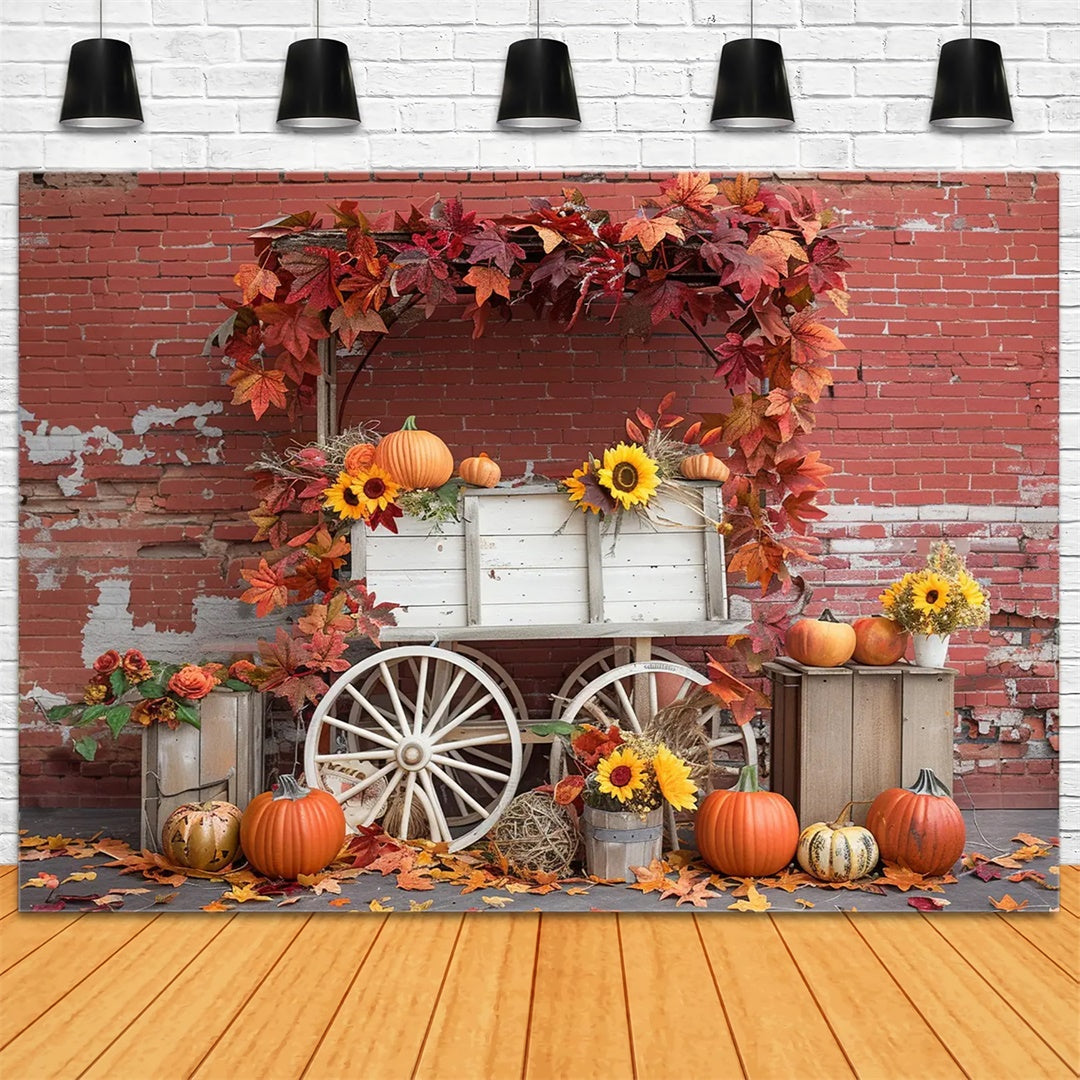 Toile de fond de mur en briques avec stand de citrouilles en ruine d'automne BRP7-167