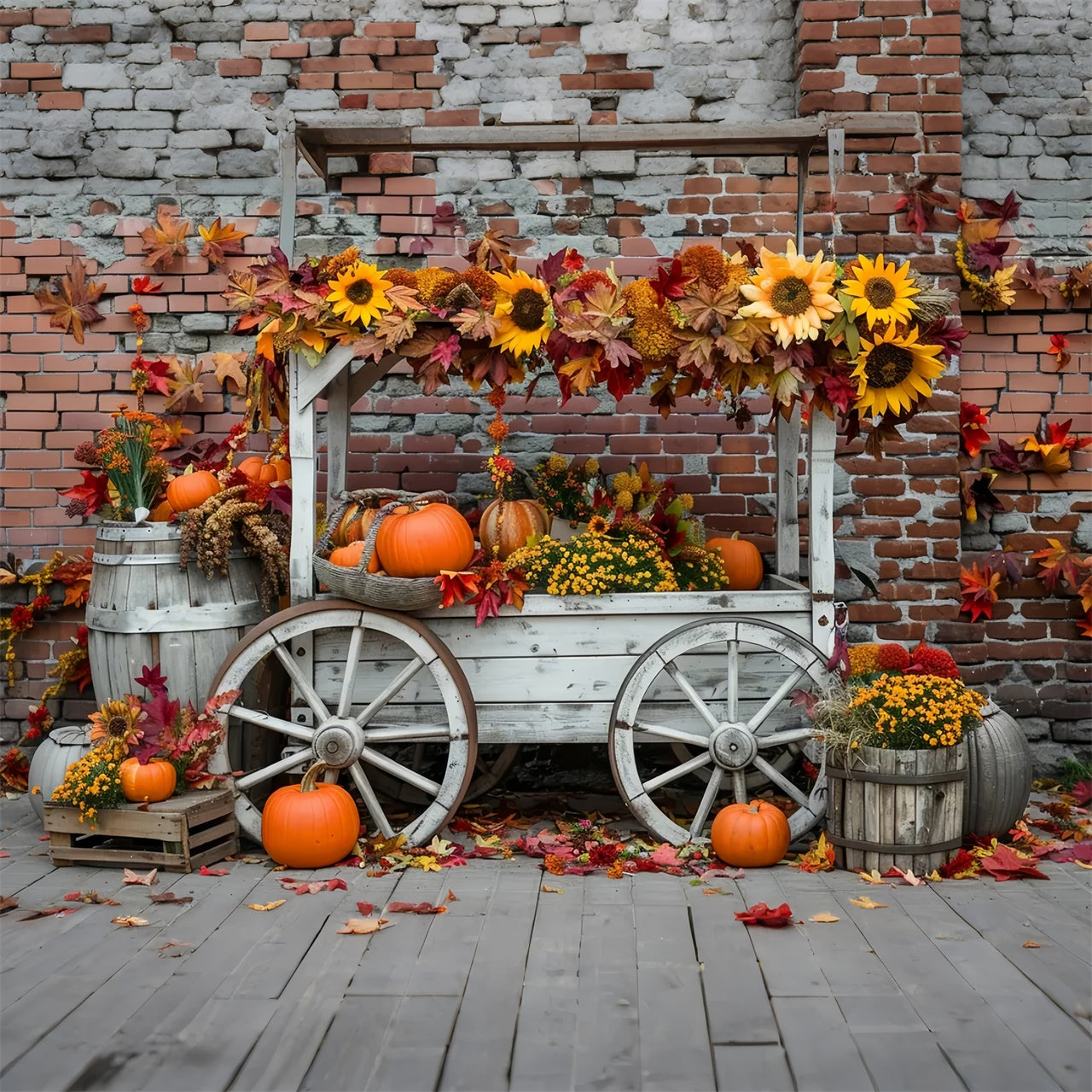 Toile de fond de mur en briques avec stand de citrouilles et tournesols d'automne BRP7-168