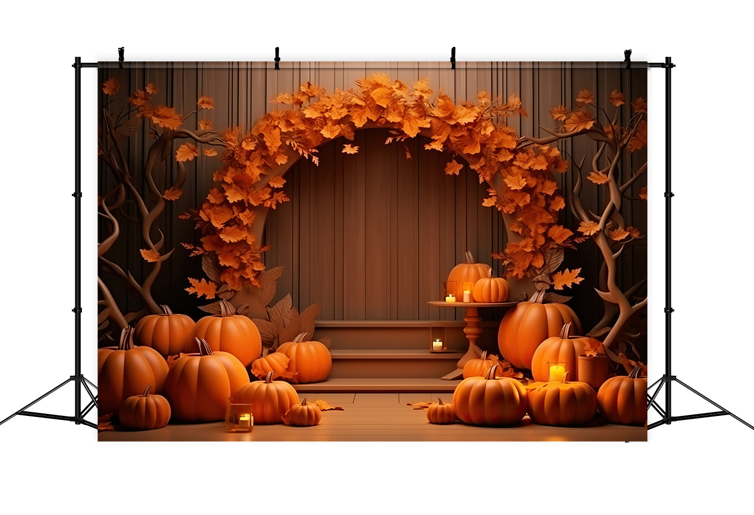 Toile de fond de grange avec citrouilles et lampes d'automne BRP7-71