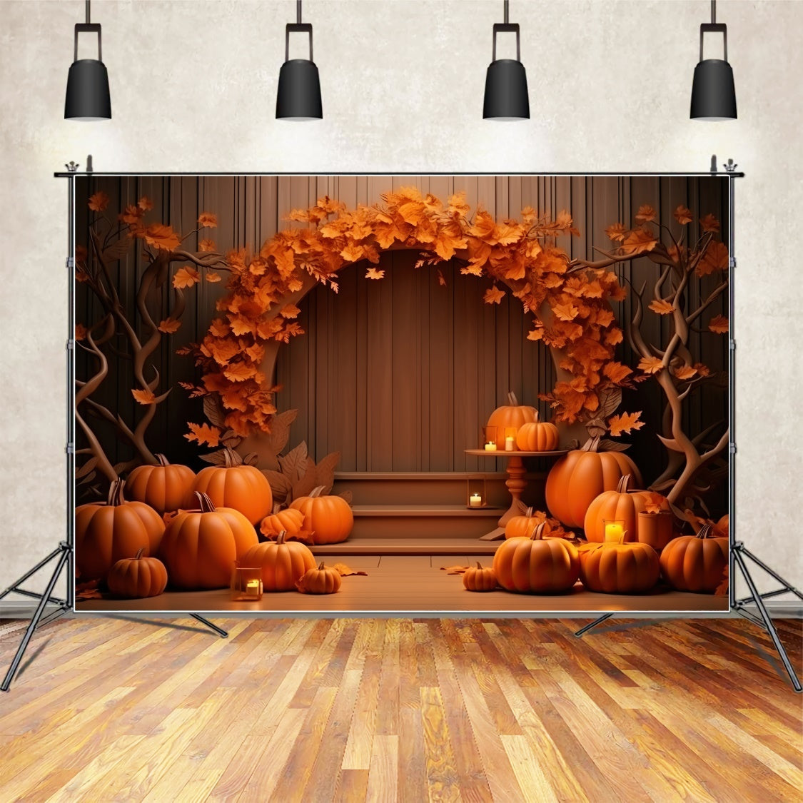 Toile de fond de grange avec citrouilles et lampes d'automne BRP7-71