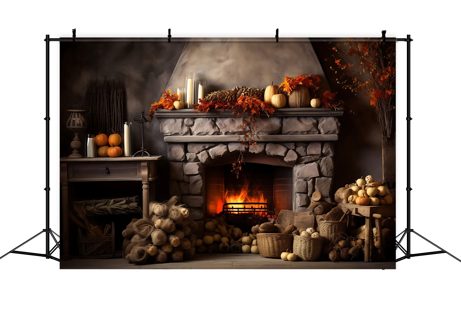 Toile de fond de cheminée avec feuilles et bougies d'automne BRP7-75