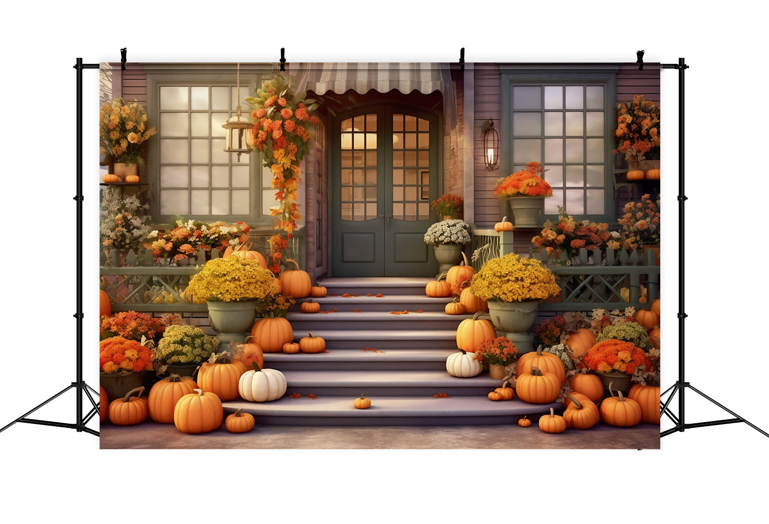 Toile de fond de magasin de citrouilles avec porte verte en automne BRP7-77