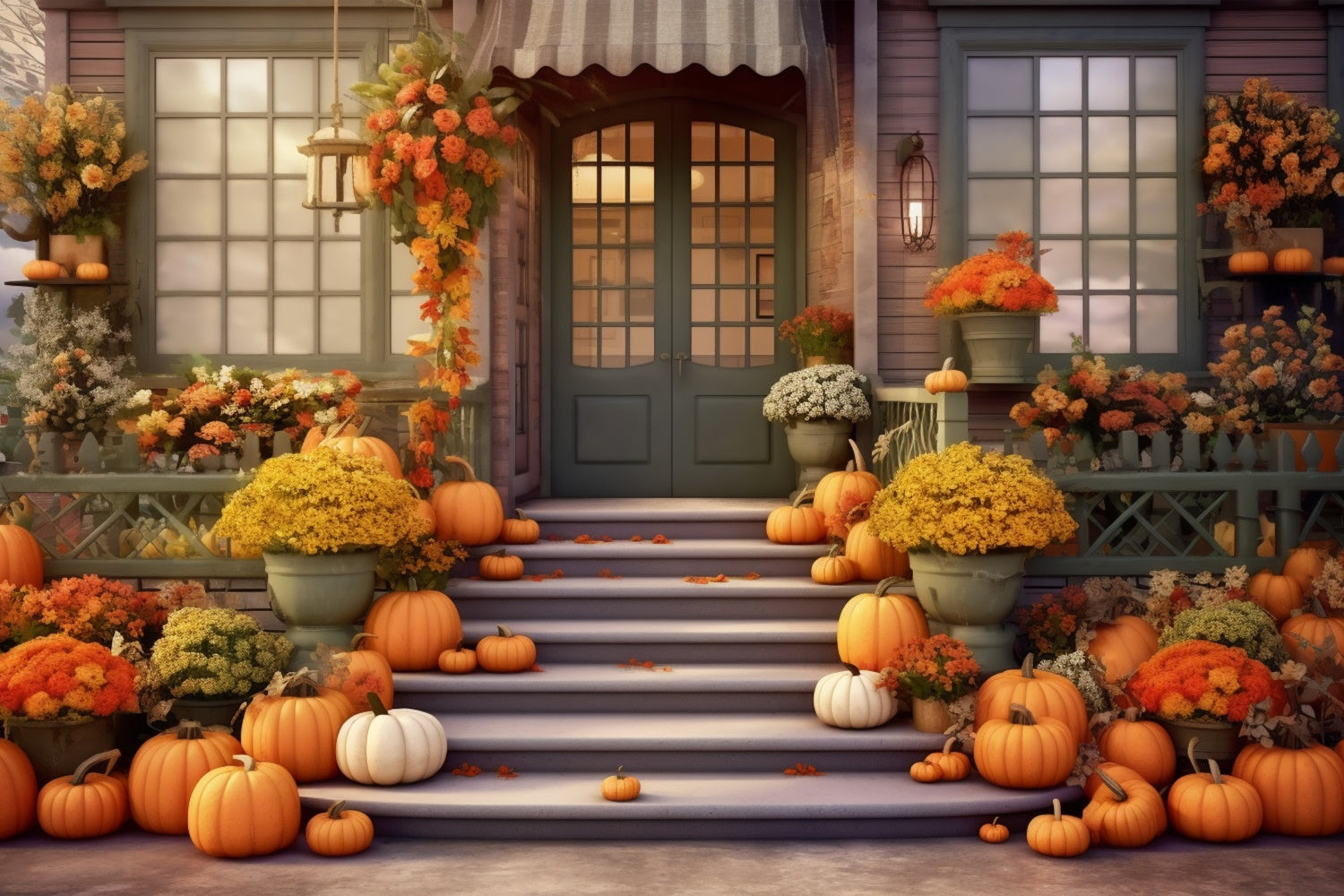 Toile de fond de magasin de citrouilles avec porte verte en automne BRP7-77