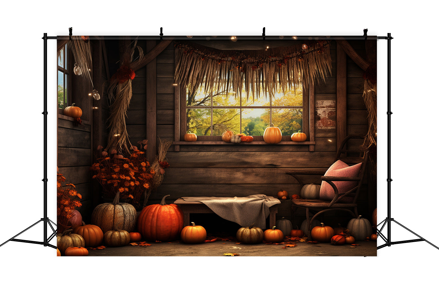 Toile de fond de grange avec citrouilles et fenêtre d'automne BRP7-81