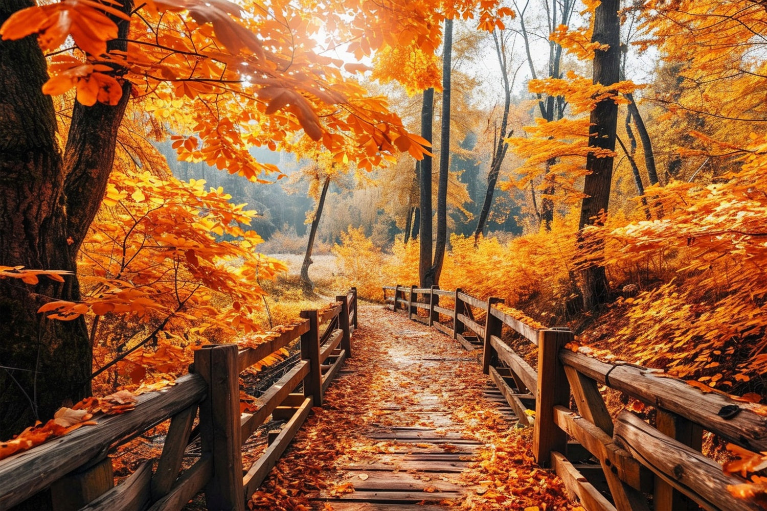 Toile de fond de pont en bois brun avec érable rouge d'automne BRP7-83