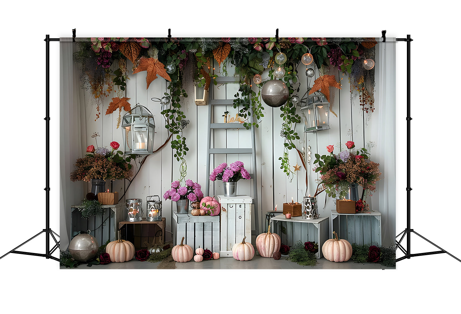 Toile de fond de citrouilles avec fleurs et lumières d'automne BRP7-87