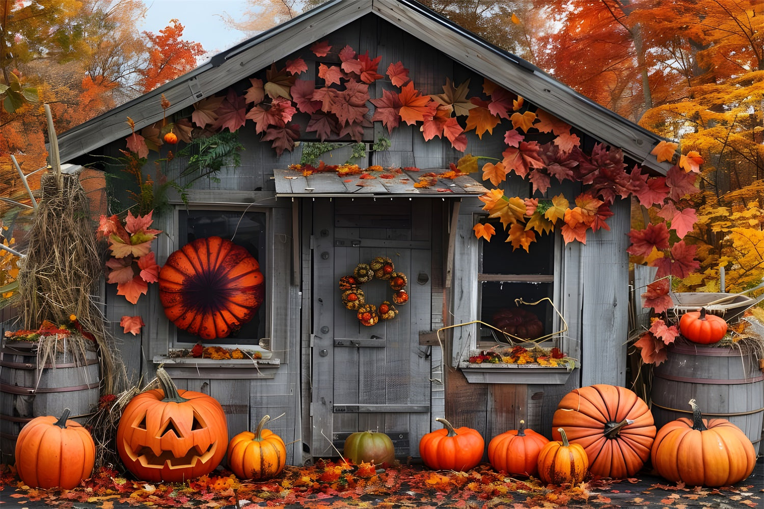 Toile de fond de maison en bois dans la forêt avec citrouilles d'automne BRP7-88