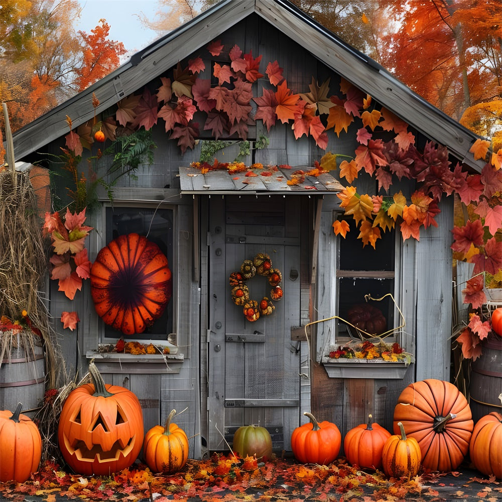 Toile de fond de maison en bois dans la forêt avec citrouilles d'automne BRP7-88