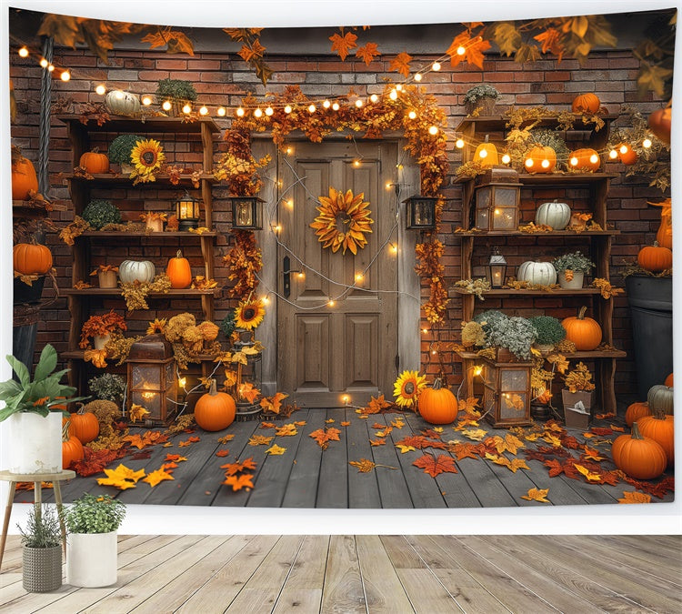 Toile de fond de porte avec citrouilles et lampe en automne BRP7-90