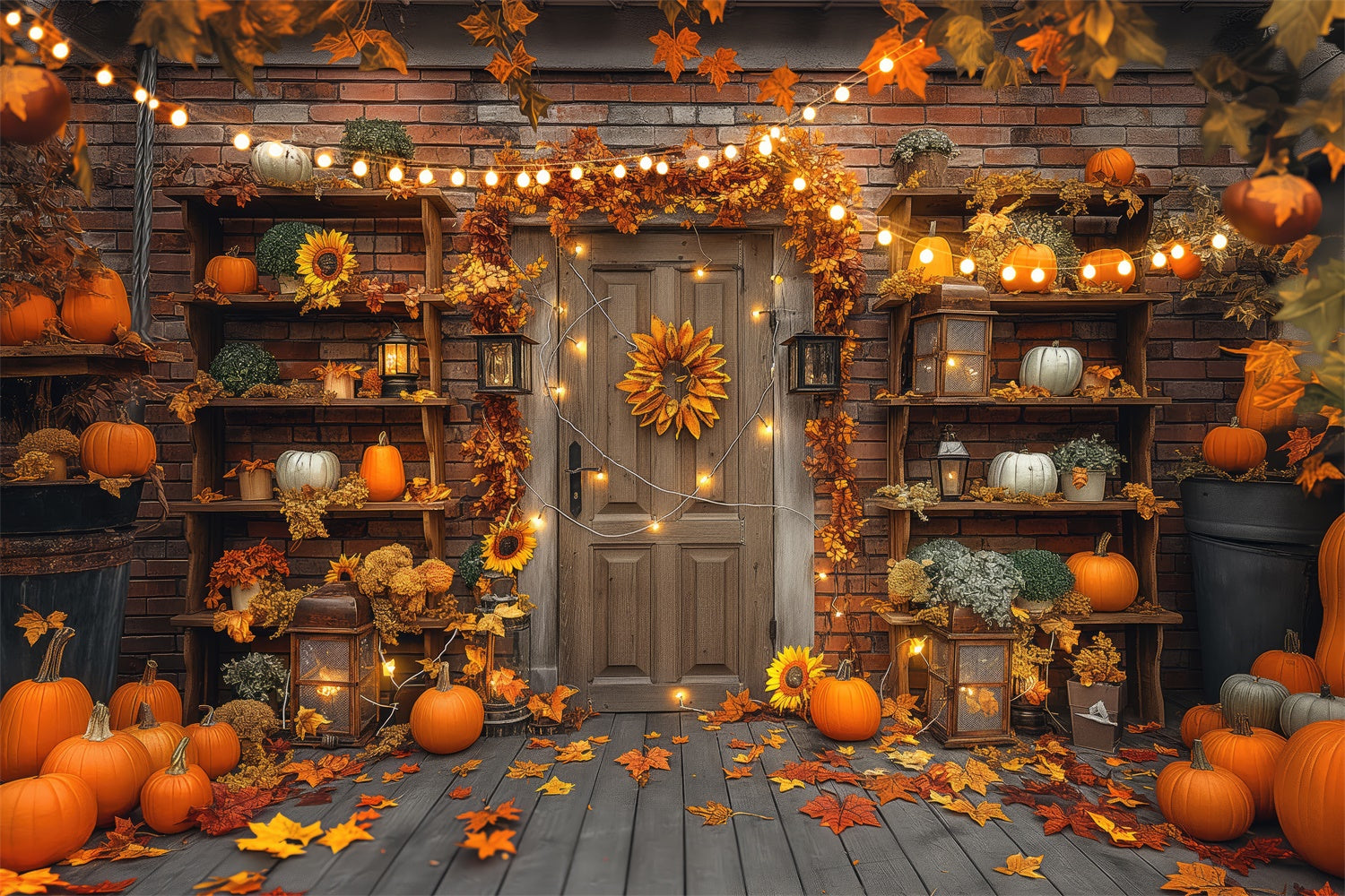Toile de fond de porte avec citrouilles et lampe en automne BRP7-90