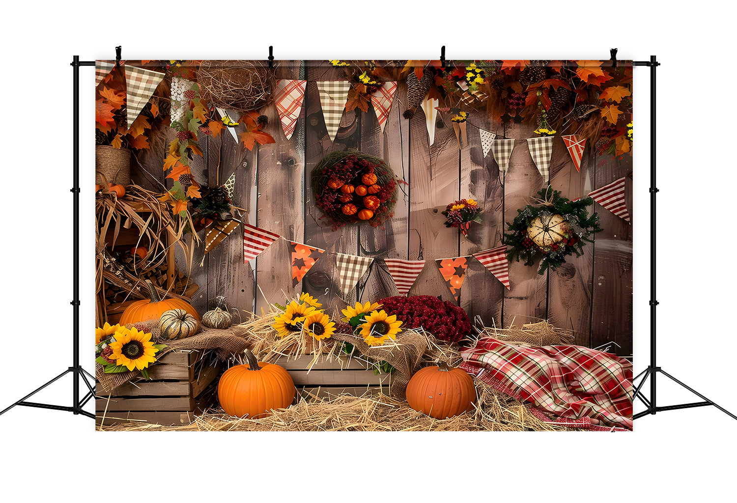 Toile de fond de bois brun avec drapeaux et citrouilles d'automne BRP7-93