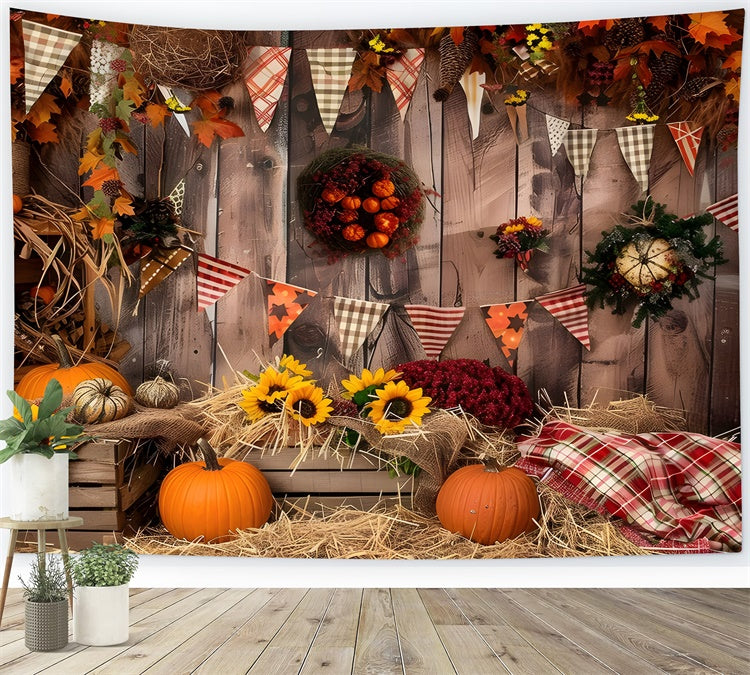 Toile de fond de bois brun avec drapeaux et citrouilles d'automne BRP7-93