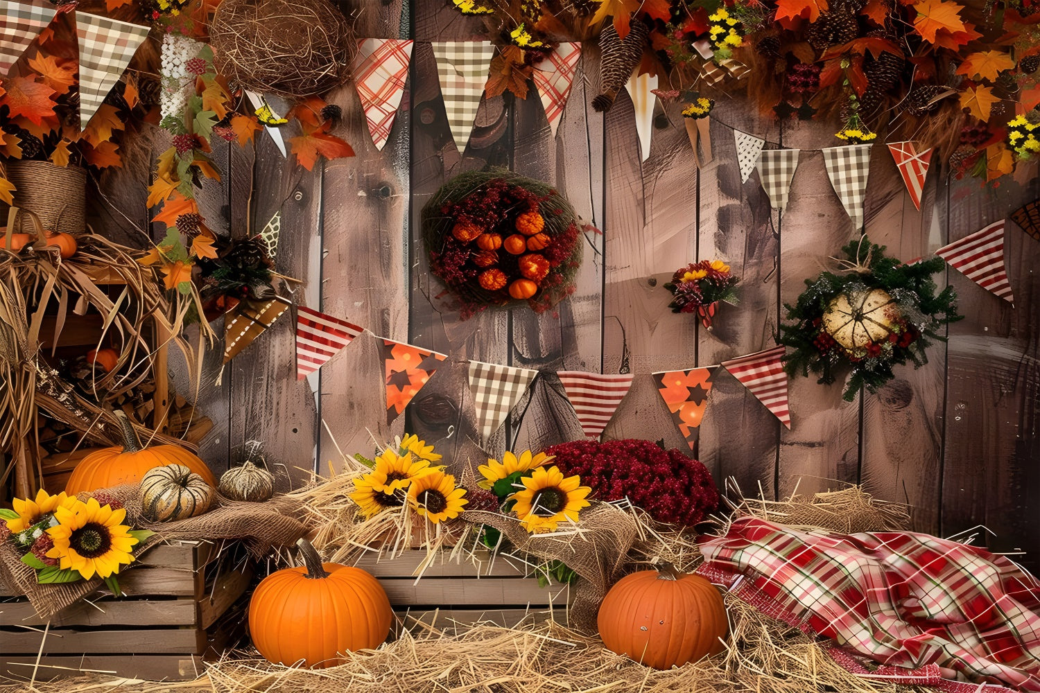 Toile de fond de bois brun avec drapeaux et citrouilles d'automne BRP7-93