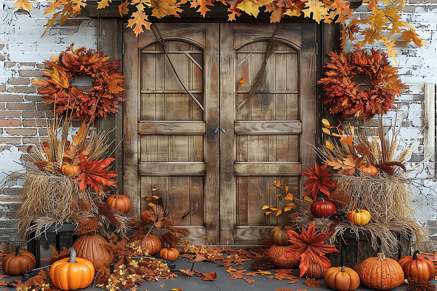 Toile de fond de porte de grange en briques avec citrouilles d'automne BRP7-96