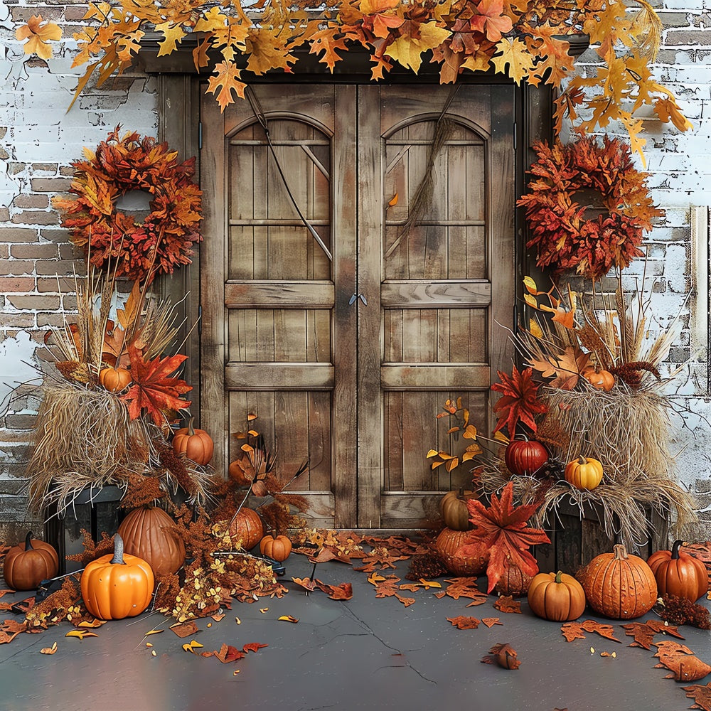 Toile de fond de porte de grange en briques avec citrouilles d'automne BRP7-96