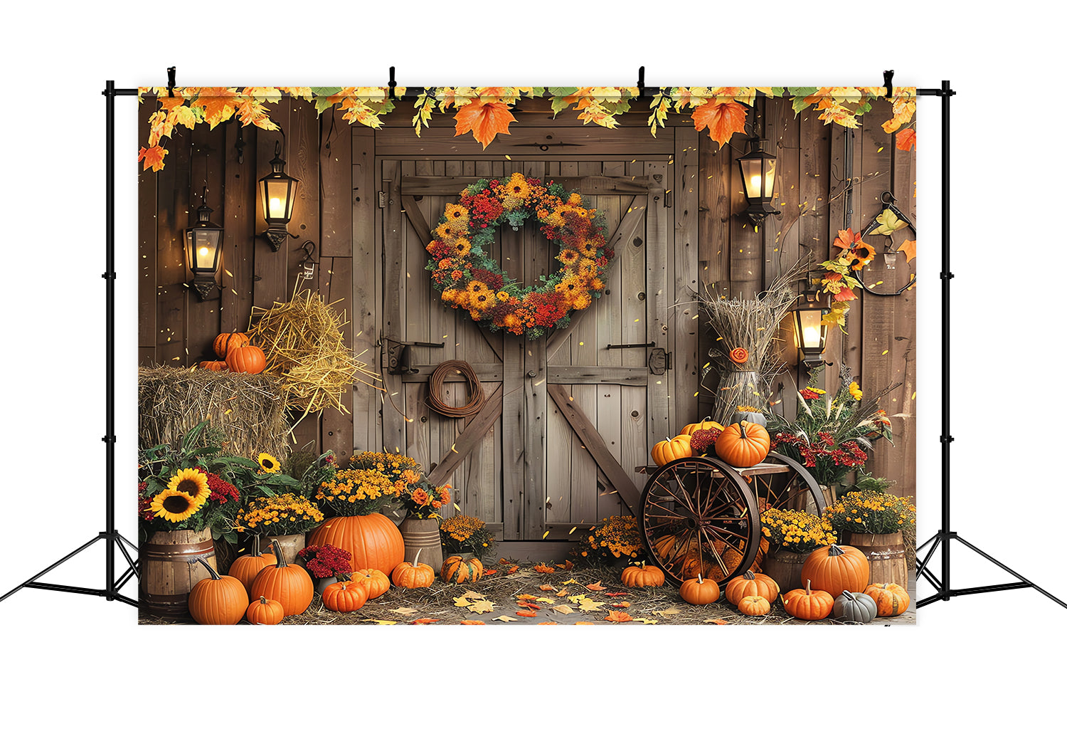 Toile de fond de porte de grange avec couronne et citrouilles d'automne BRP7-97