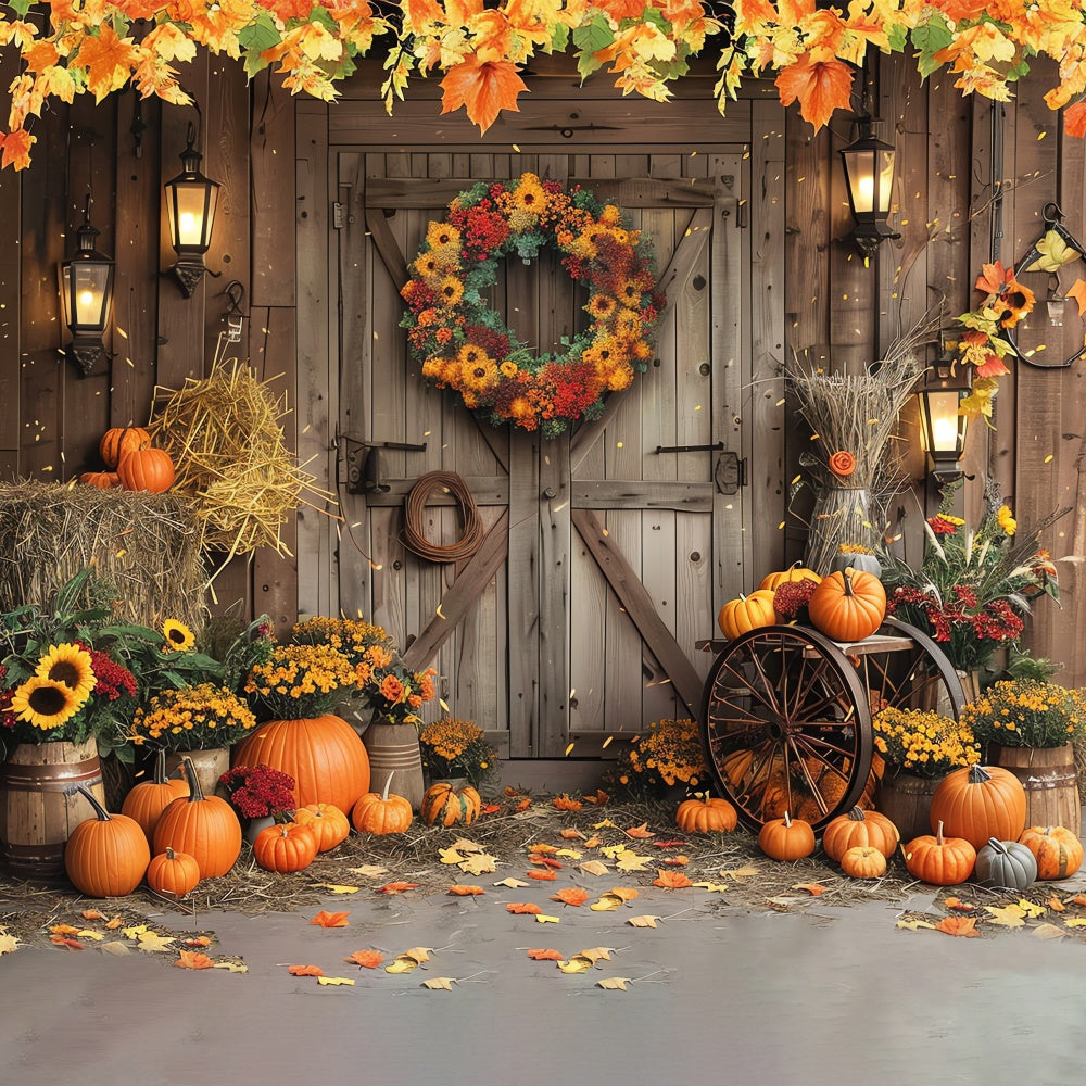 Toile de fond de porte de grange avec couronne et citrouilles d'automne BRP7-97
