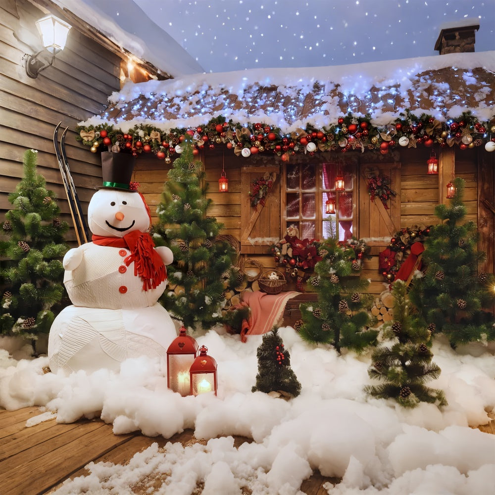 Toile de Fond Chalet Rustique avec Bonhomme de Neige de Noël BRP8-152