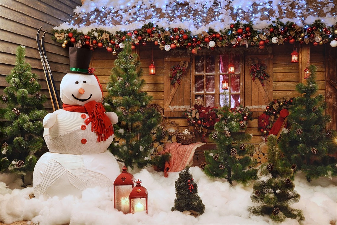 Toile de Fond Chalet Rustique avec Bonhomme de Neige de Noël BRP8-152
