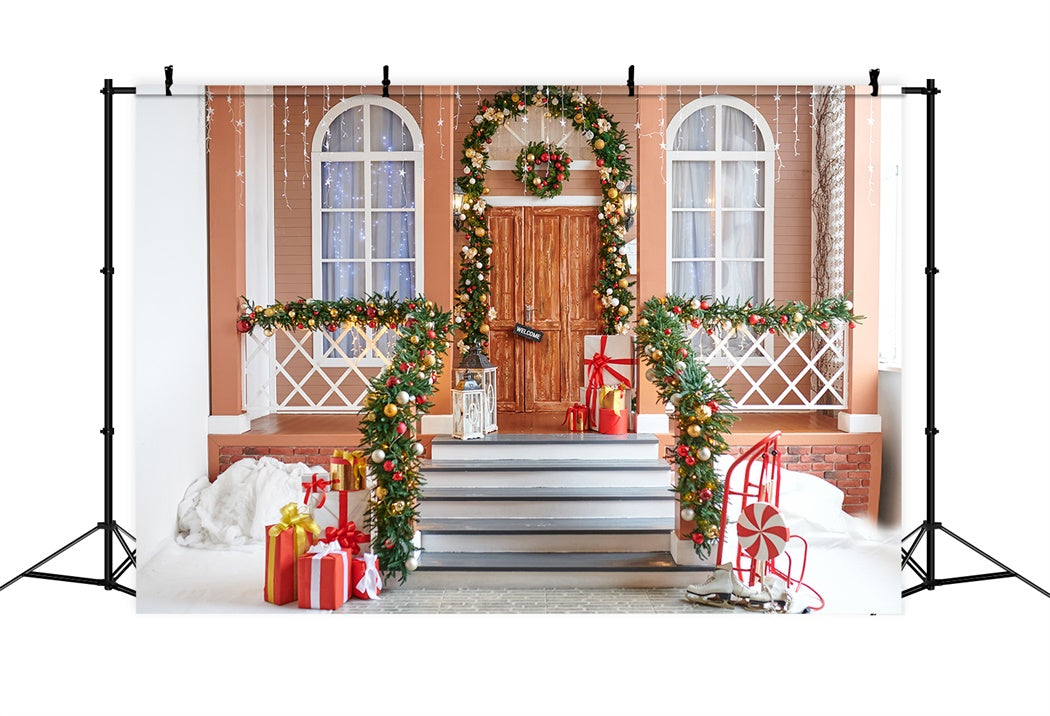 Toile de Fond Porche avec Couronne et Cadeaux de Noël BRP8-157