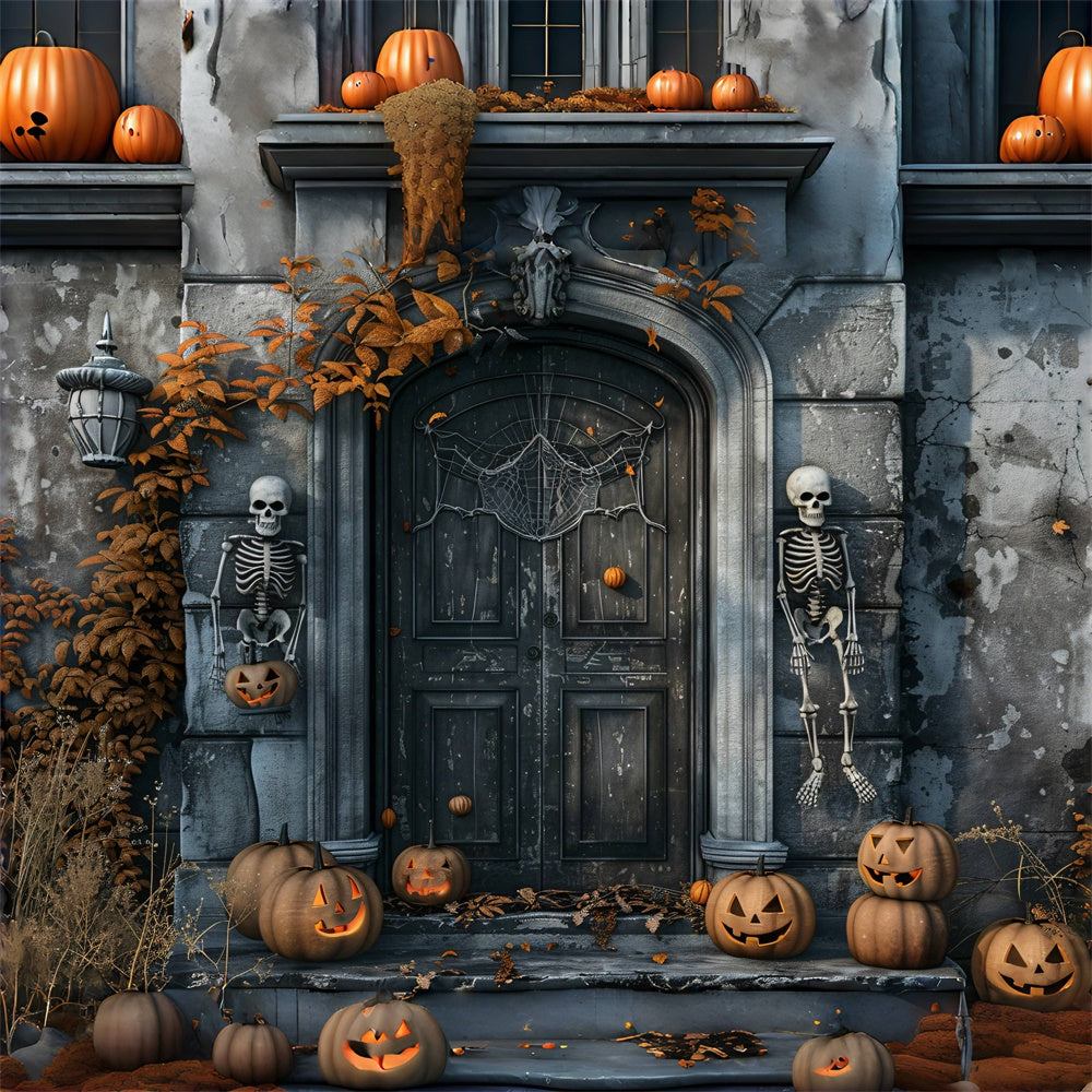 Toile de Fond Sentinelles Squelettes et Porte avec Citrouille d'Halloween BRP8-196