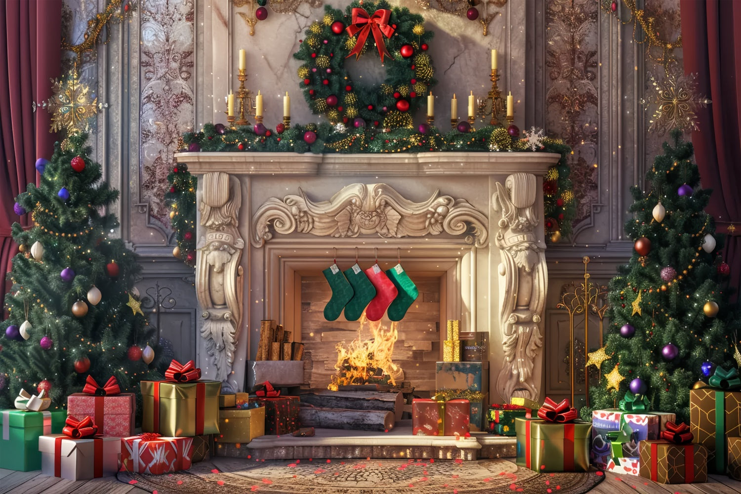 Toile de fond de Cheminée Confortable et Cadeaux de Noël BRP8-28