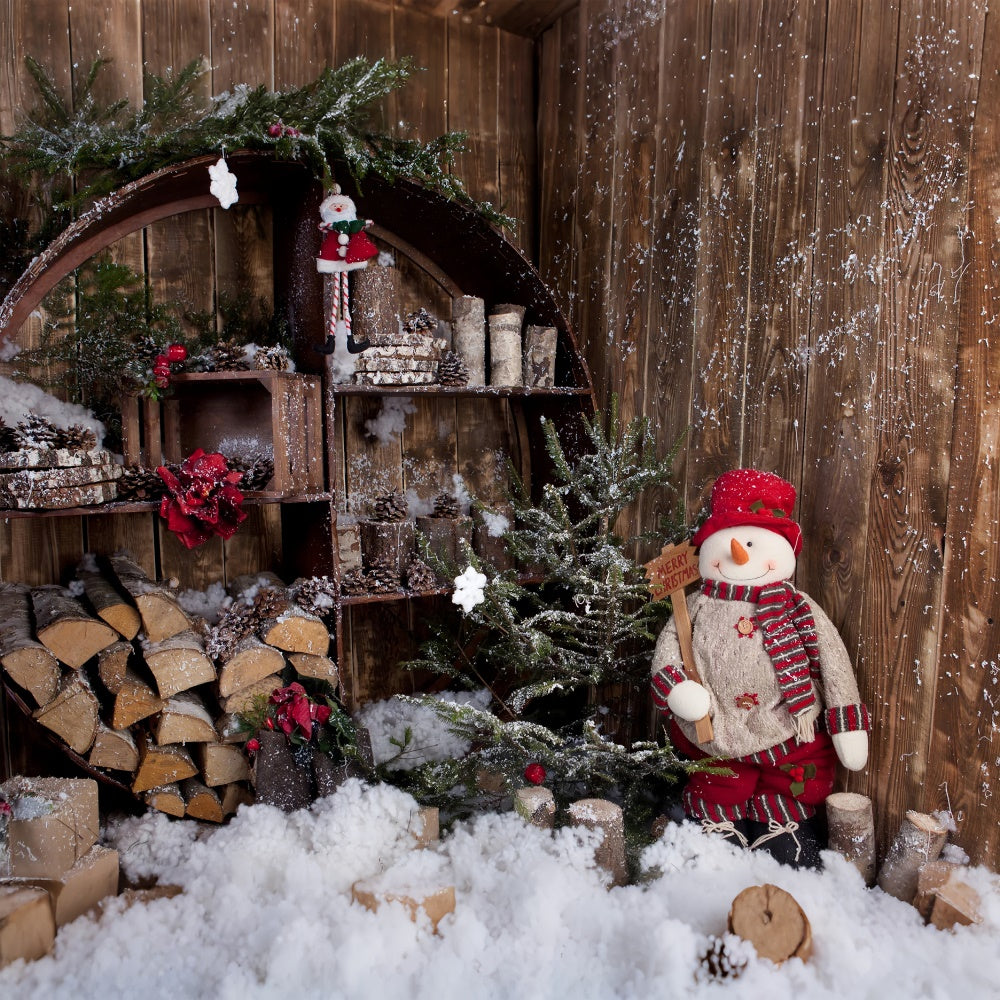 Toile de fond Décor de Noël pour cabane en rondins enneigée BRP8-294