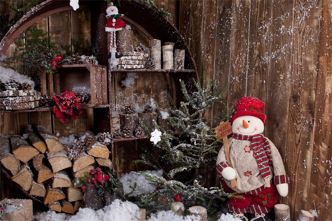 Toile de fond Décor de Noël pour cabane en rondins enneigée BRP8-294
