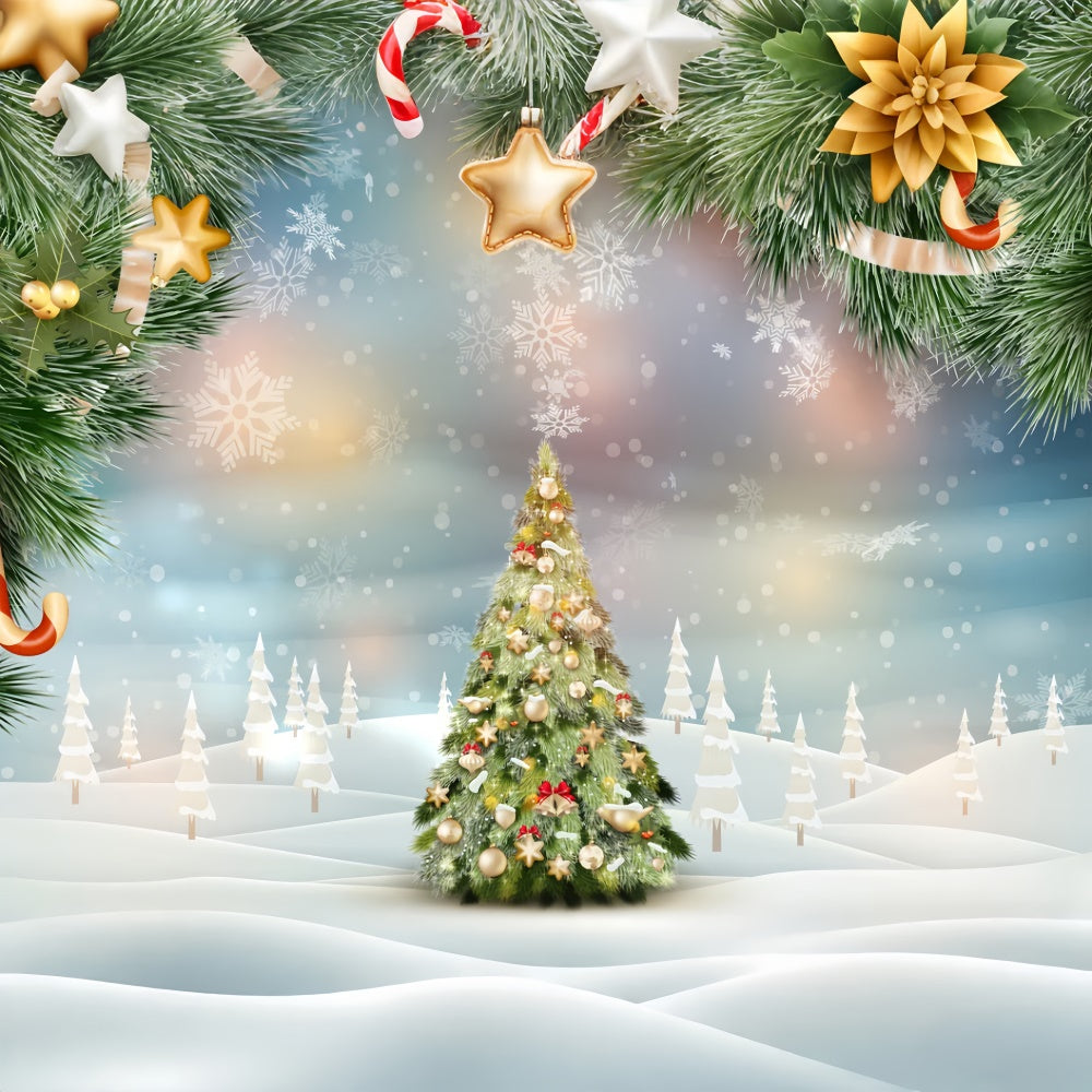 Toile de fond Sapin de Noël avec étoiles dorées et flocons de neige BRP8-300