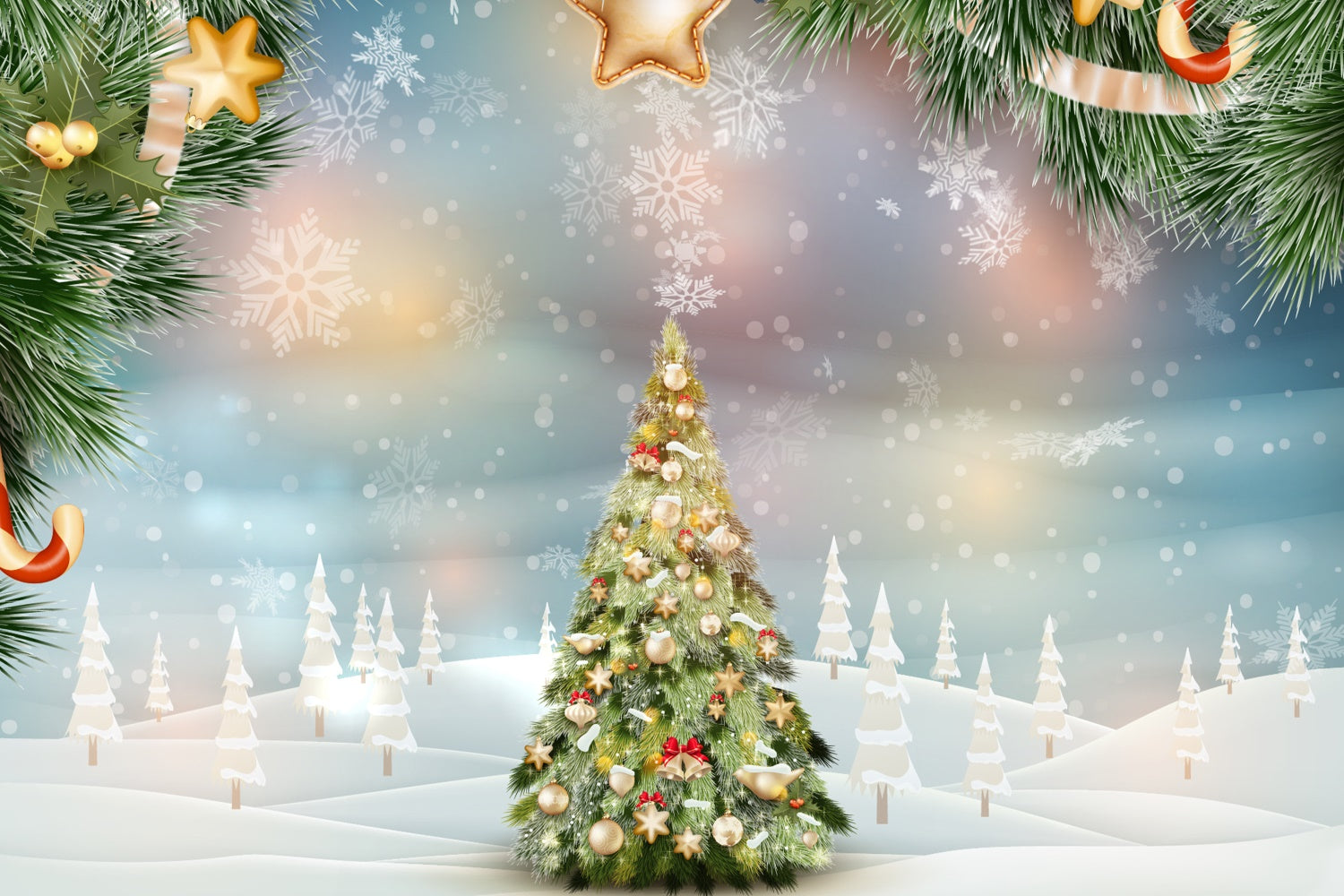 Toile de fond Sapin de Noël avec étoiles dorées et flocons de neige BRP8-300
