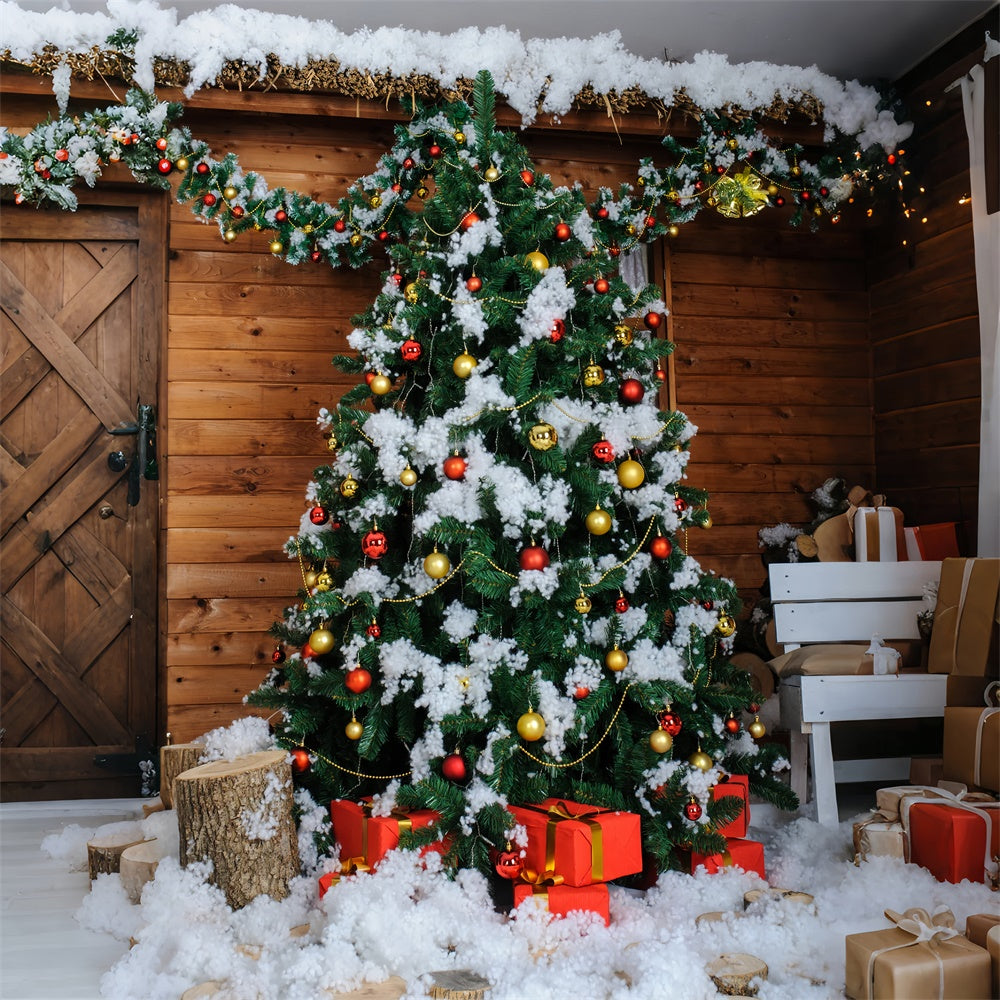 Toile de fond Sapin de Noël enneigé devant cabane en bois BRP8-306