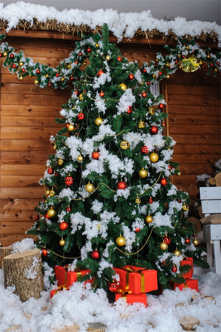 Toile de fond Sapin de Noël enneigé devant cabane en bois BRP8-306
