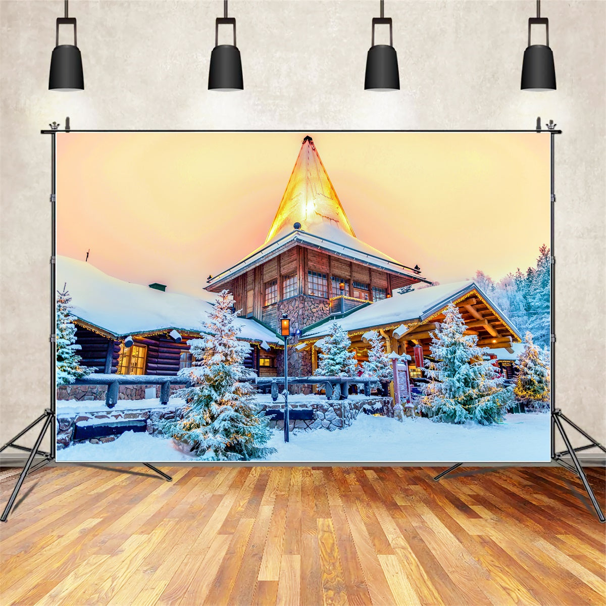 Toile de fond Scène de Noël au chalet enneigé au crépuscule BRP8-311