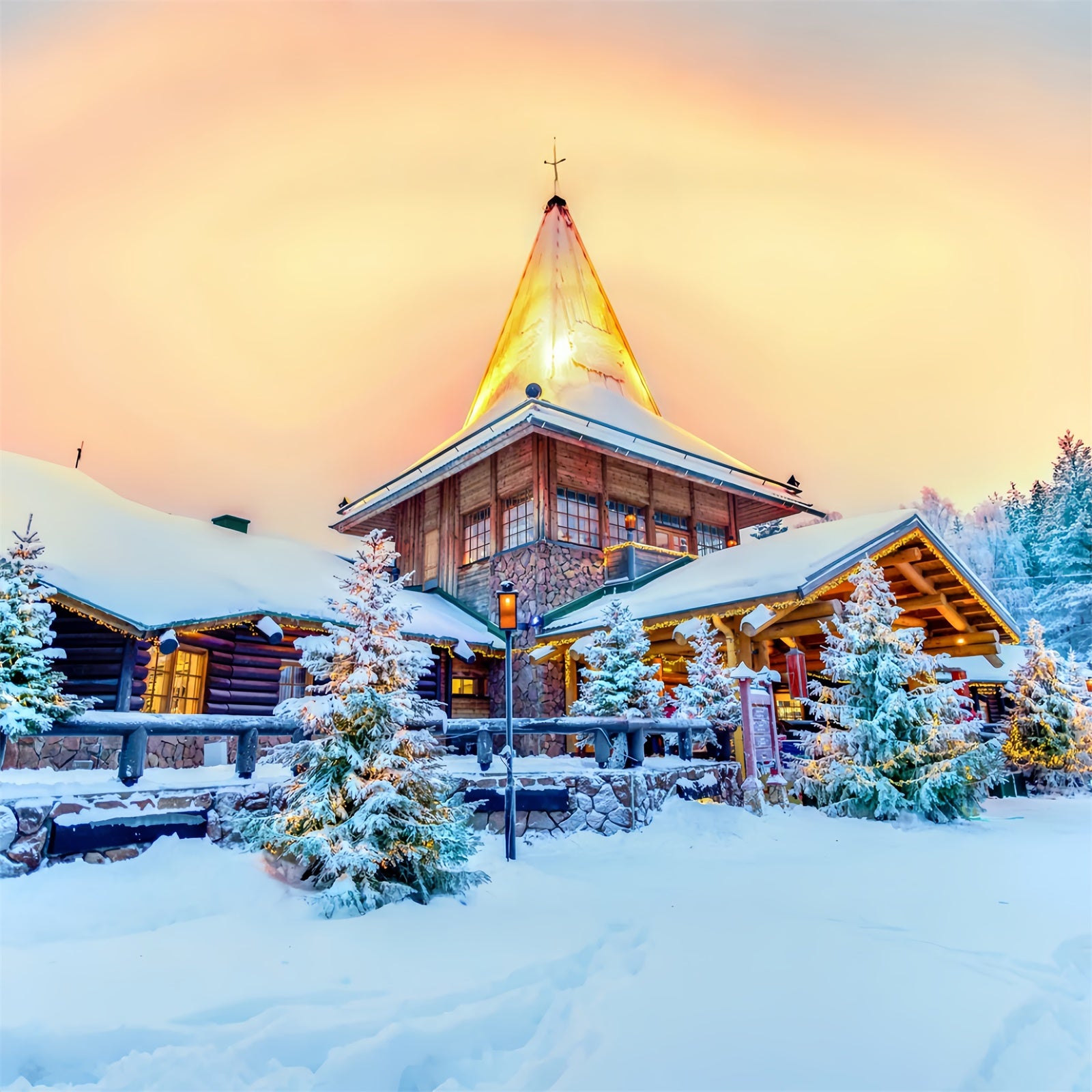 Toile de fond Scène de Noël au chalet enneigé au crépuscule BRP8-311