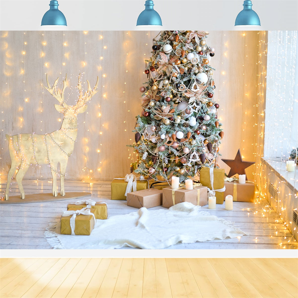Toile de fond Salle avec sapin de Noël et renne en bois BRP8-322