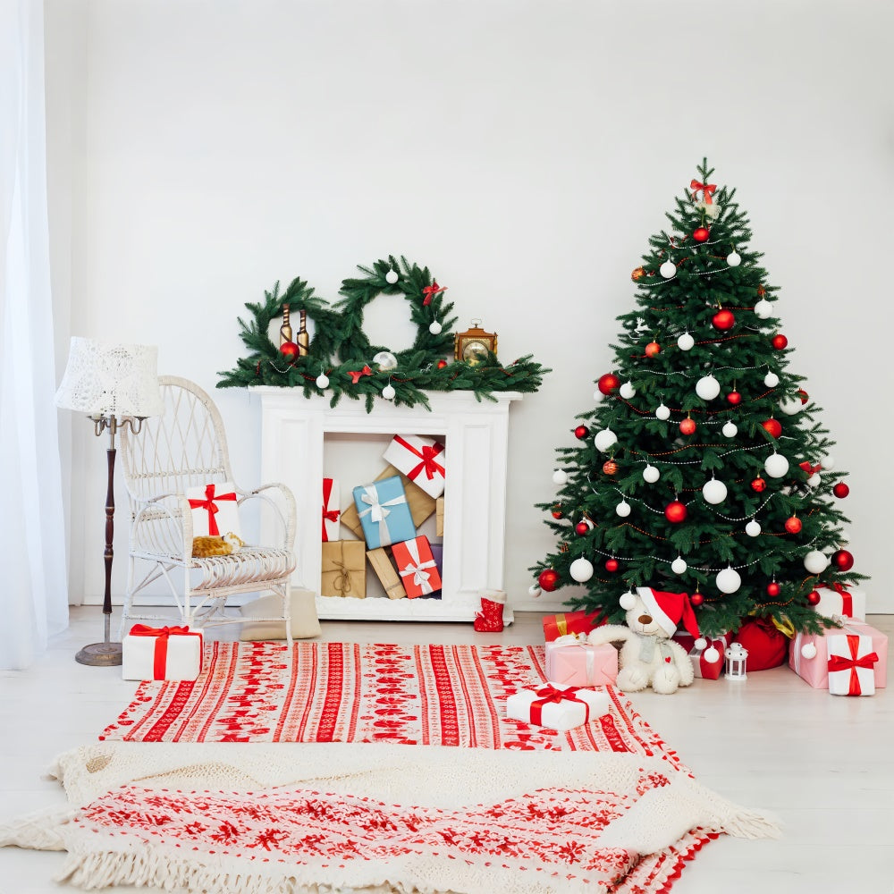 Toile de fond Salle de Noël avec sapin et chaise en osier blanc BRP8-323