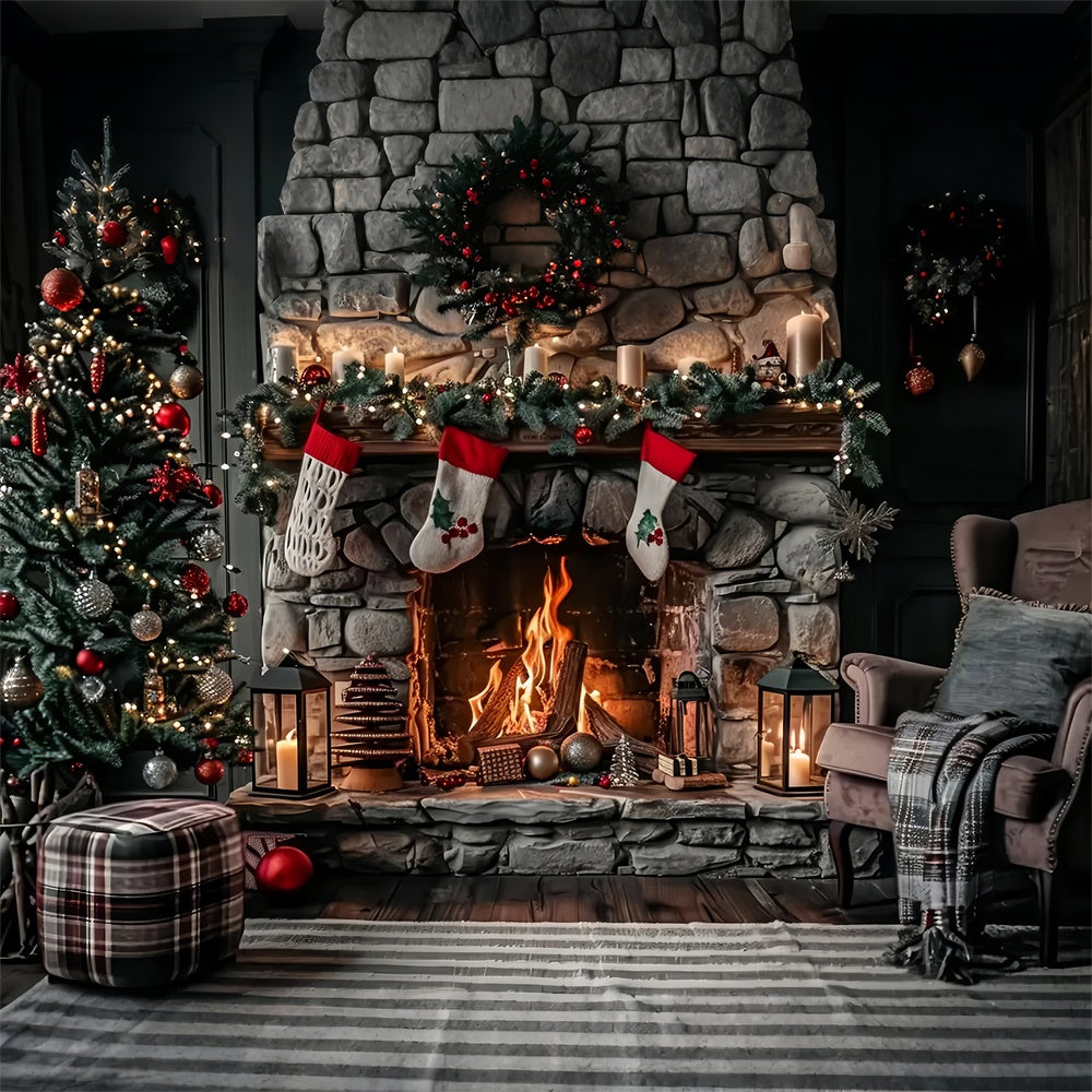 Toile de Fond Cheminée Rustique en Pierre avec Chaussettes de Noël BRP8-39