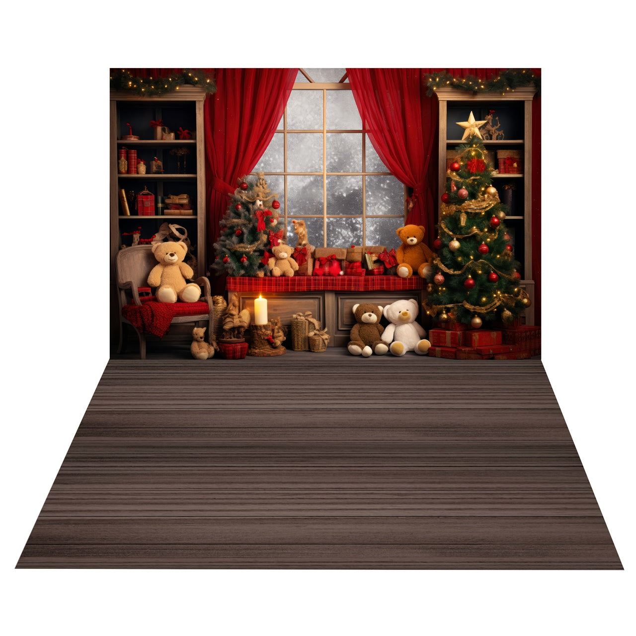 Toile de Fond Noël avec Ours et Sapin à la Fenêtre + Sol à Grain de Bois BRP8-390