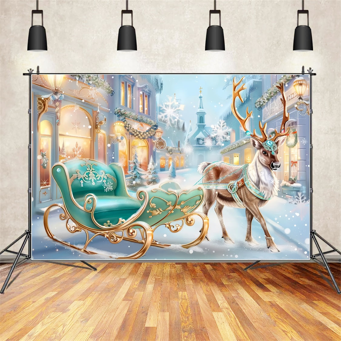 Toile de Fond Rennes Royaux et Traîneau en Ville de Noël BRP8-74