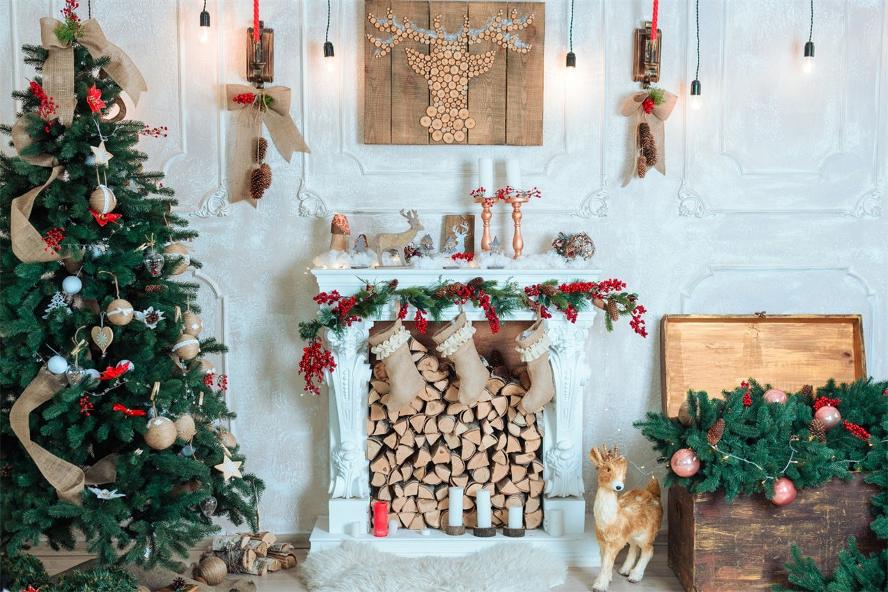 Toile de Fond Rustique de Cheminée avec Rennes de Noël BRP8-76
