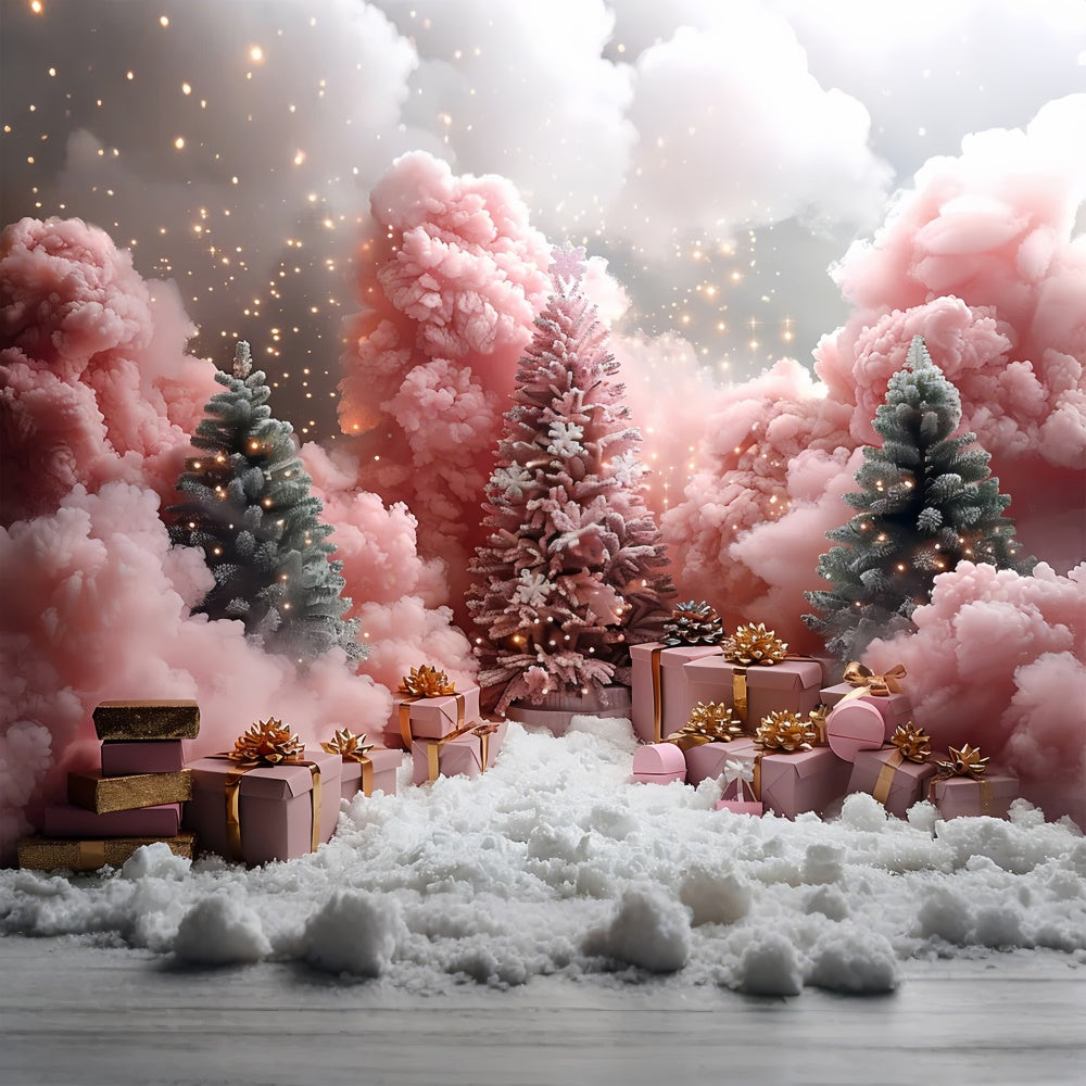 Toile de fond Sapins roses givrés avec cadeaux et neige BRP9-106