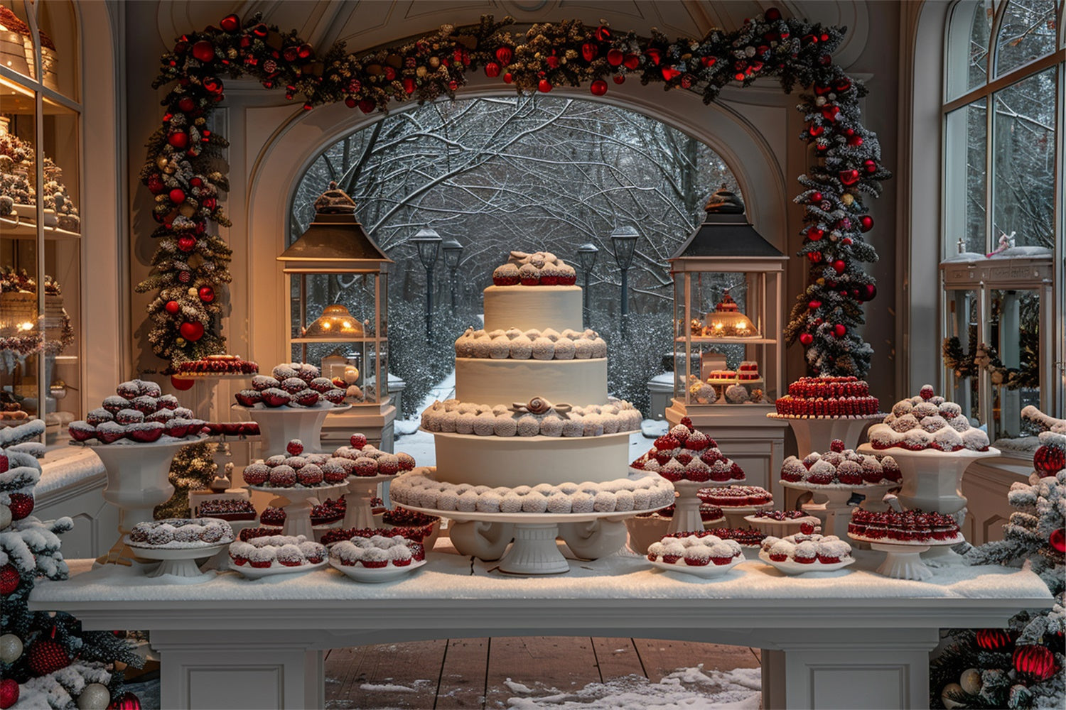 Toile de fond Table de desserts de Noël avec gâteaux enneigés BRP9-115