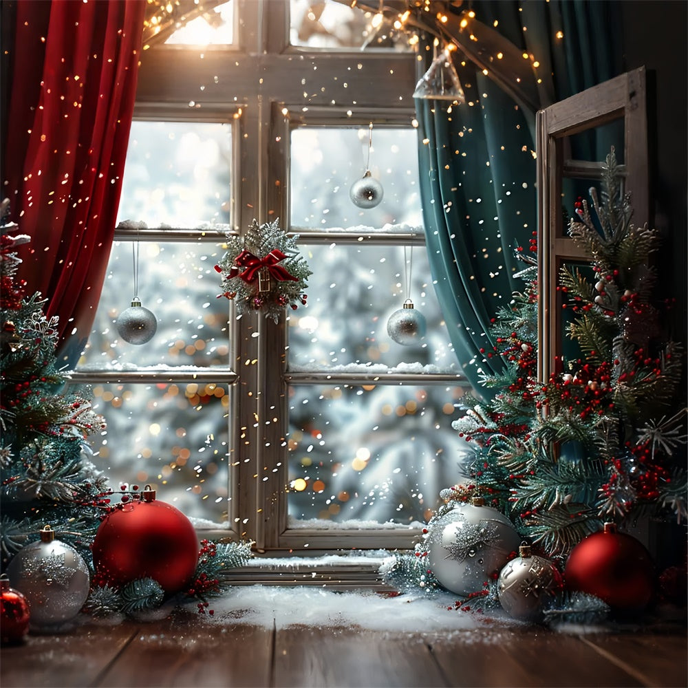 Toile de fond Fenêtre de Noël enneigée avec ornements festifs BRP9-116