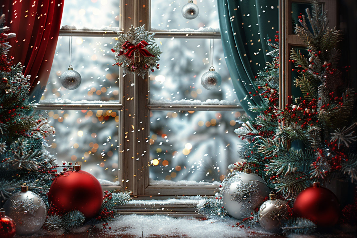 Toile de fond Fenêtre de Noël enneigée avec ornements festifs BRP9-116