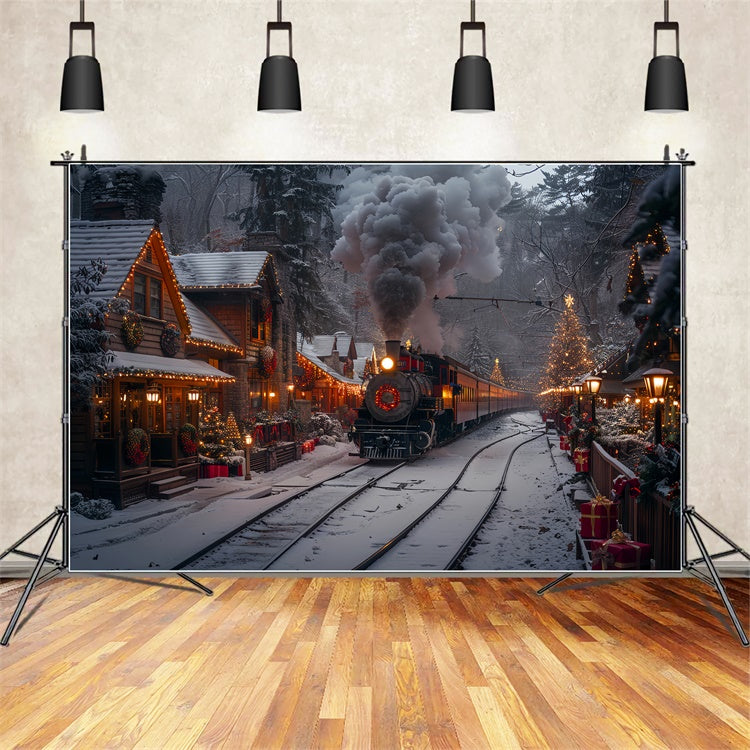 Toile de fond Train à vapeur de Noël et village décoré en hiver BRP9-122