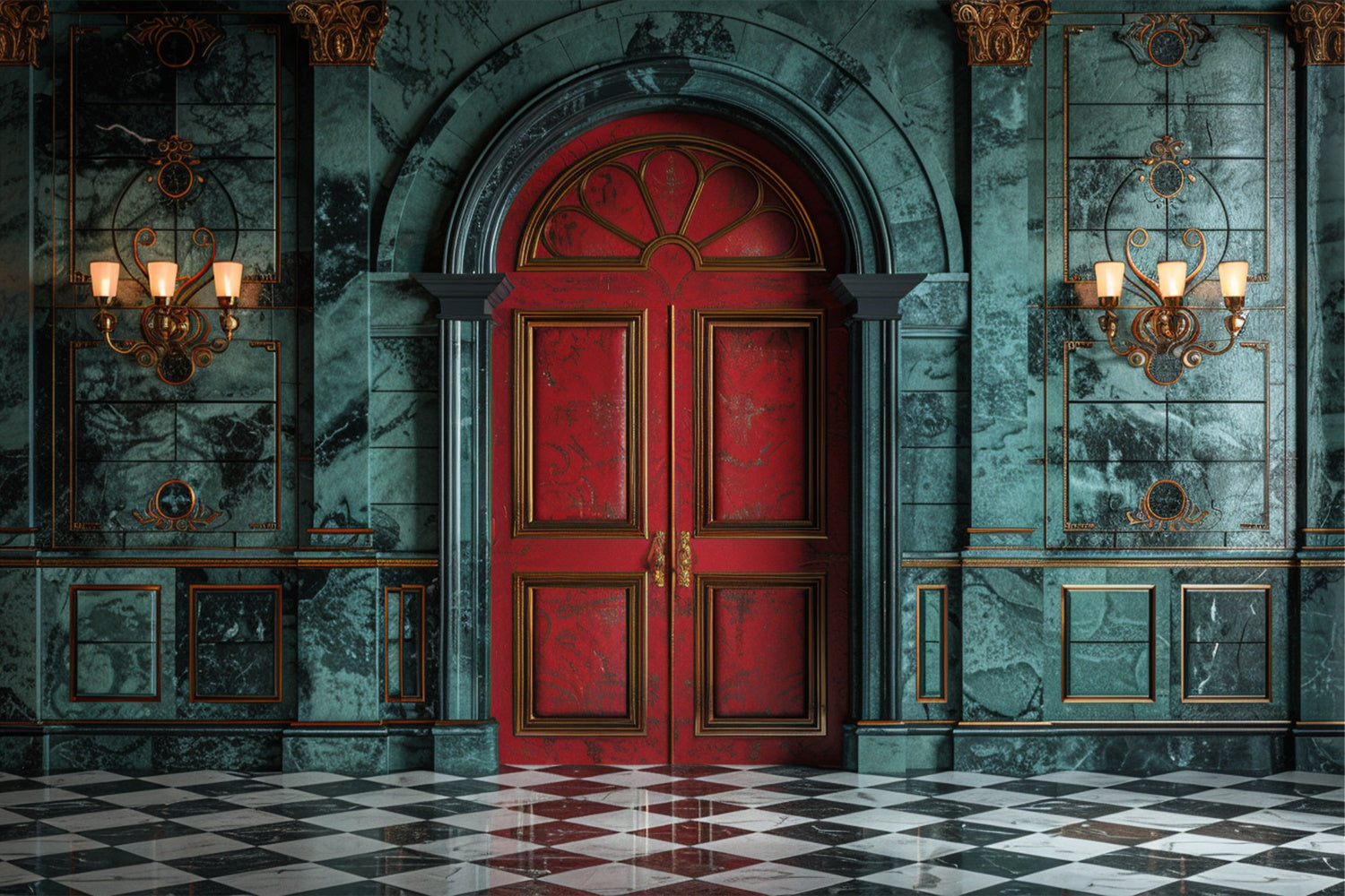 Toile de fond Porte royale rouge et hall opulent en marbre BRP9-123