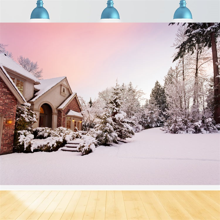 Toile de fond Maison de campagne enneigée Coucher de soleil rose BRP9-363