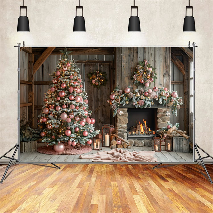 Toile de fond Arbre de Noël rose Cheminée cozy Hiver BRP9-368