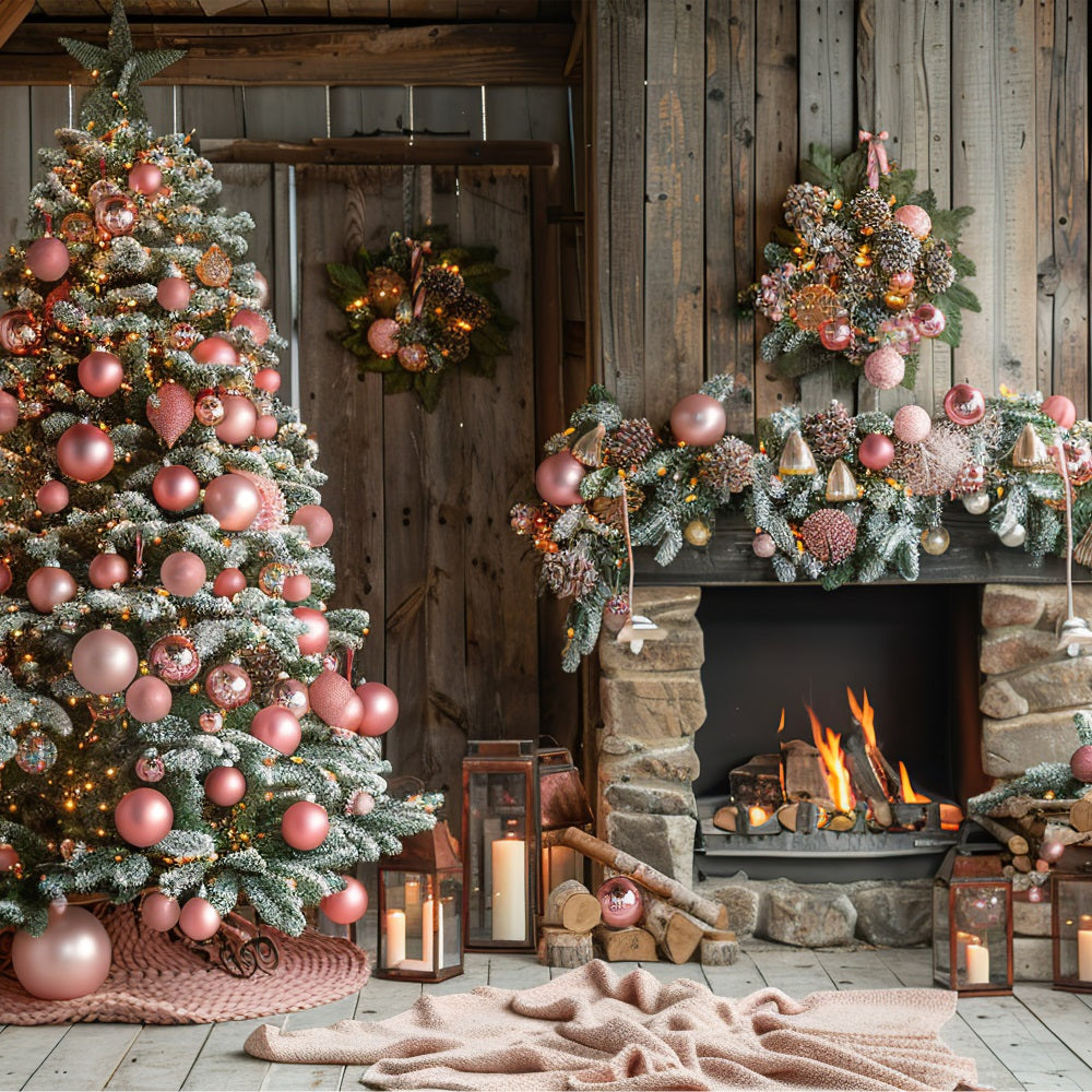 Toile de fond Arbre de Noël rose Cheminée cozy Hiver BRP9-368